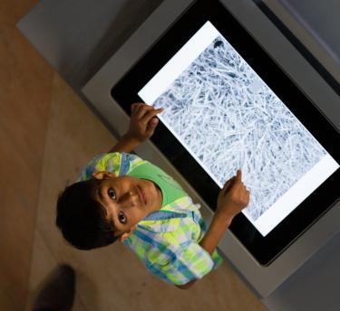 Boy in green t-shirt playing on a screen looking up at camera